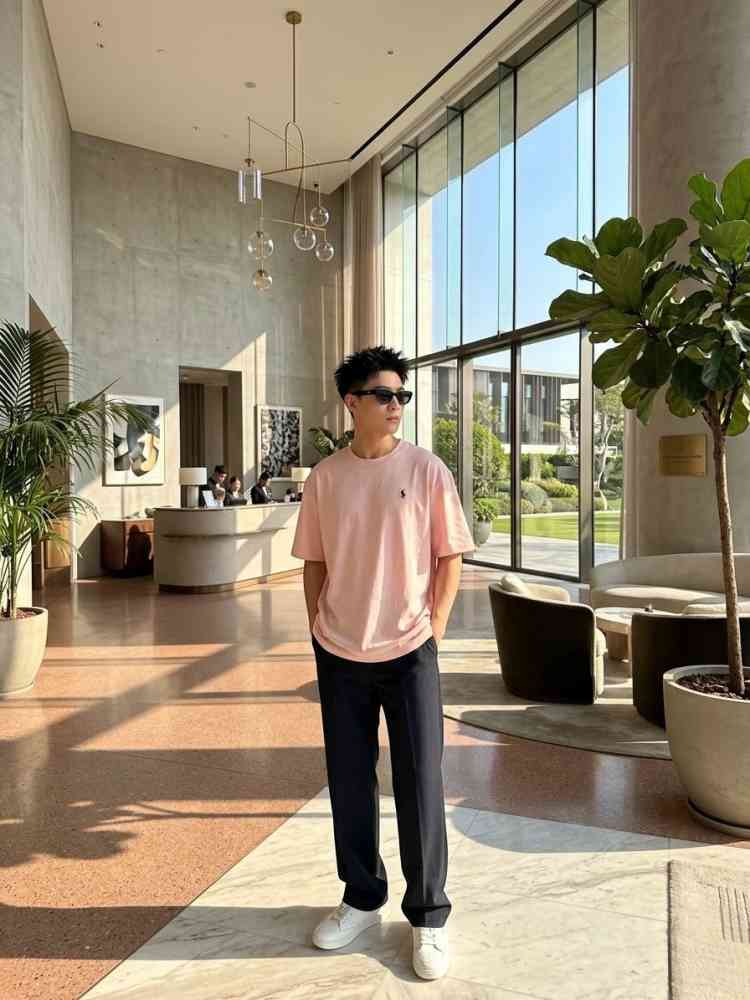 Pink Ralph Lauren White Premium Collar T-shirt