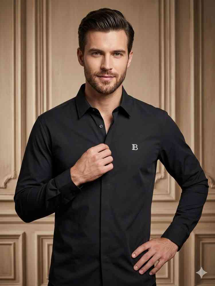 Black Balmain Embroidered White Premium Cotton Shirt