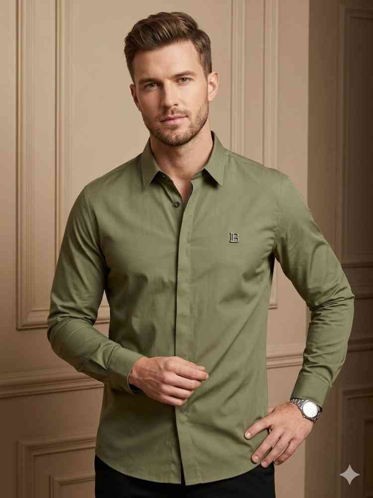 Green Balmain Embroidered White Premium Cotton Shirt