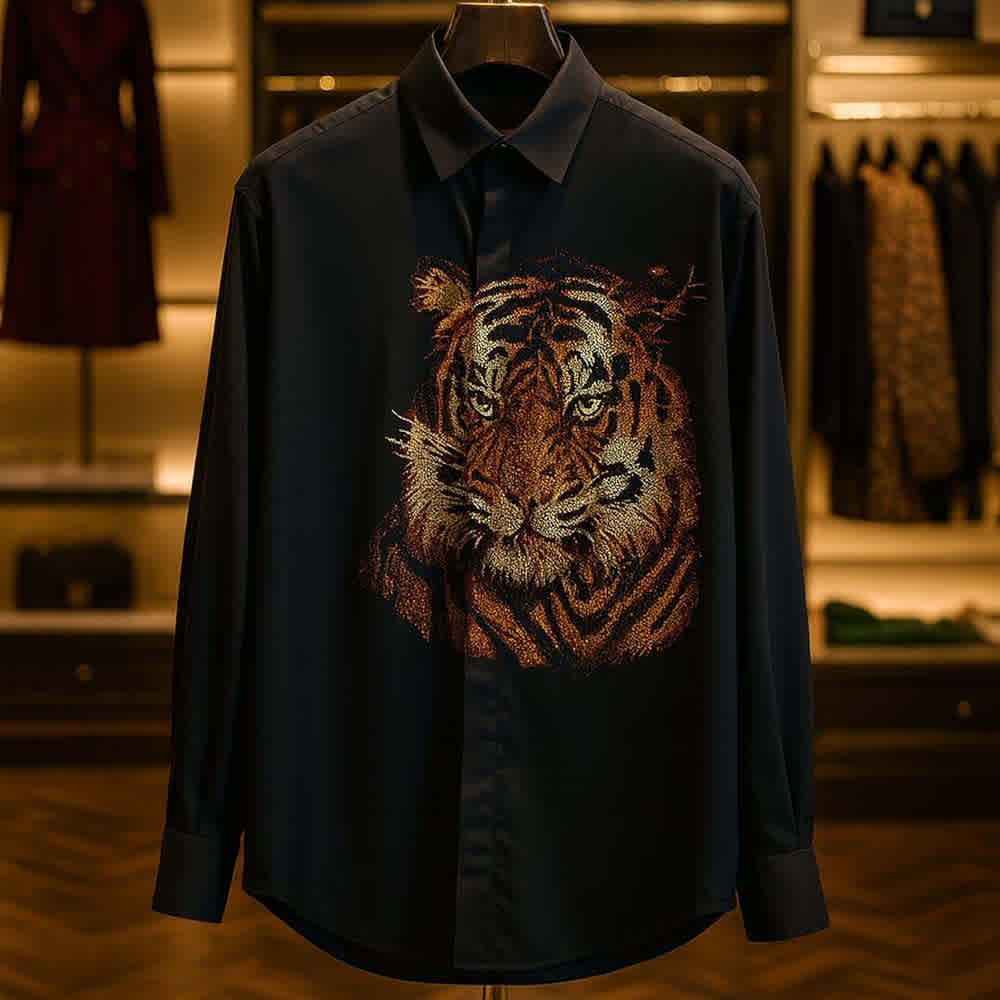 Gucci Black Royal Tiger Embroidered Coltton Shirt-thumb-1