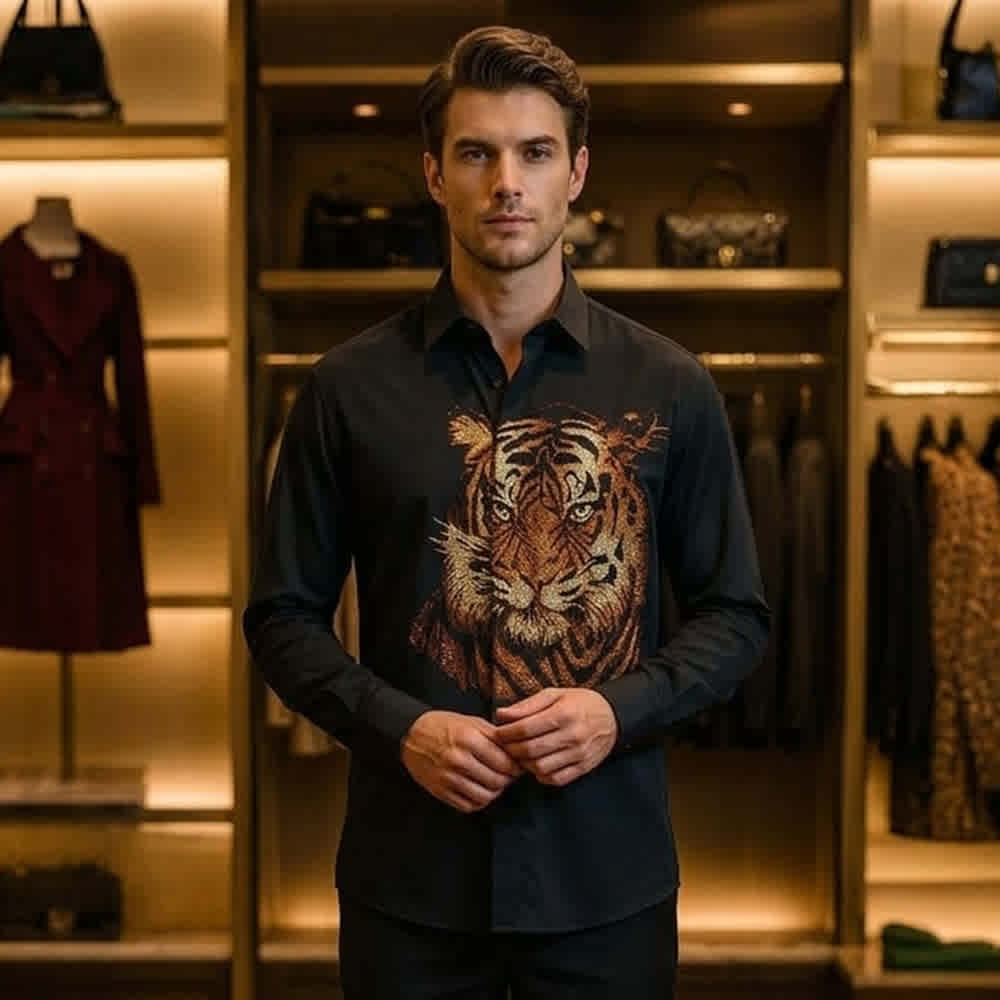 Black Gucci White Royal Tiger Embroidered Coltton Shirt