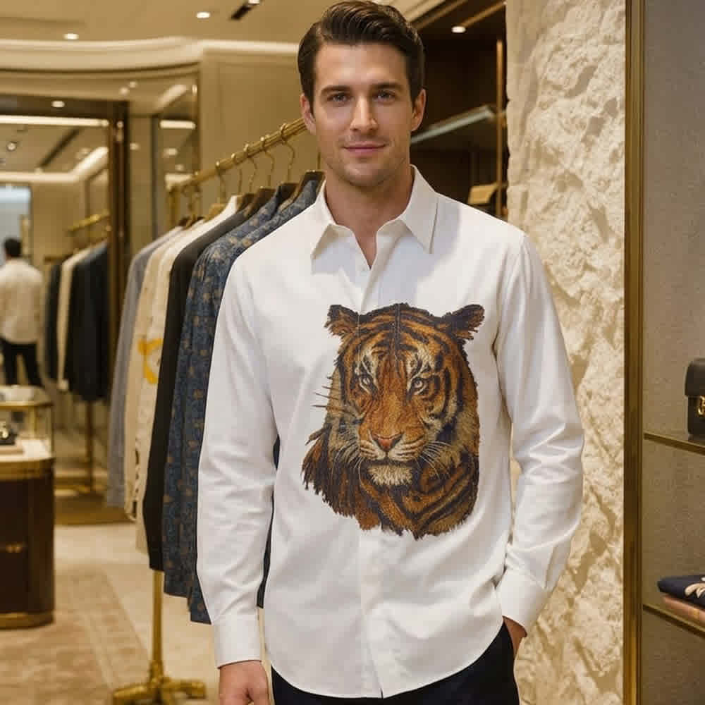 Gucci White Royal Tiger Embroidered Coltton Shirt-thumb-0