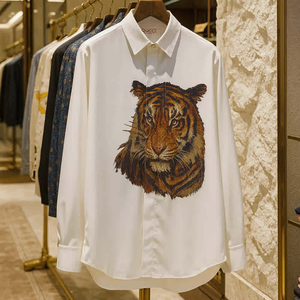 Gucci White Royal Tiger Embroidered Coltton Shirt-thumb-1