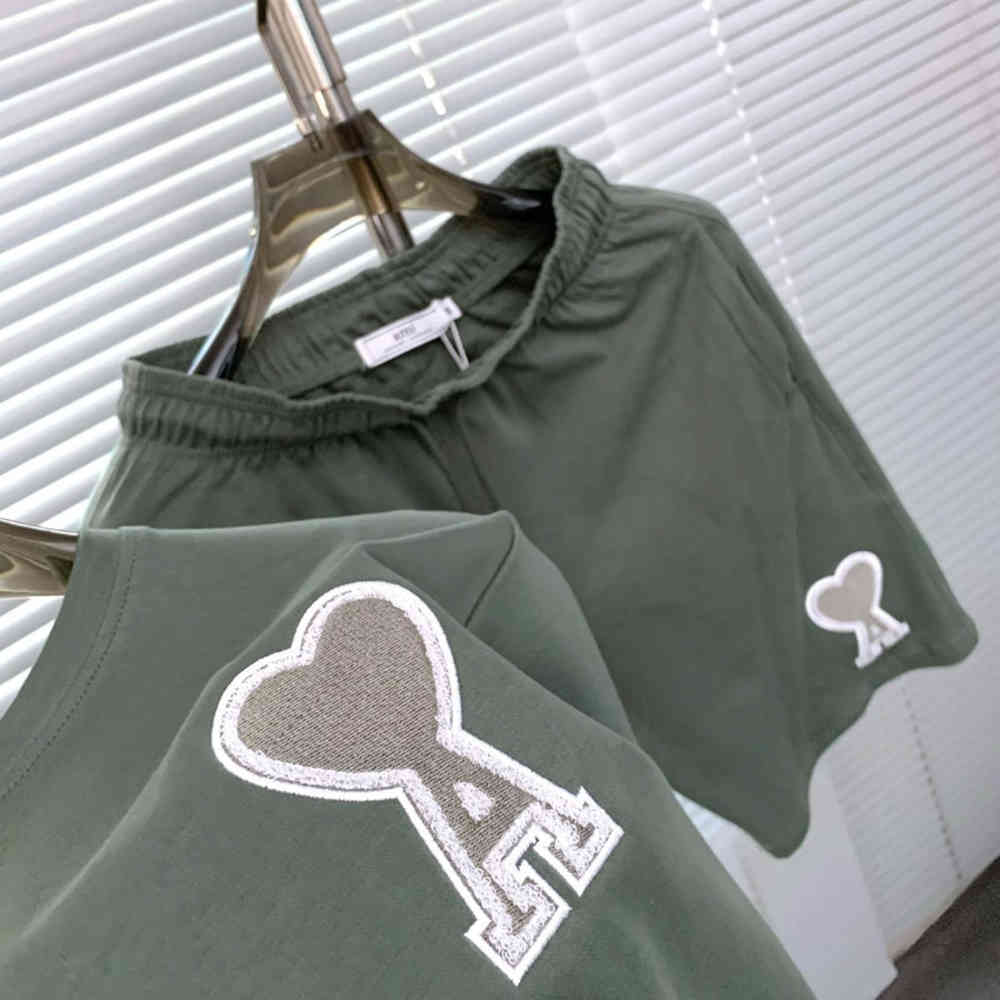 AMI Alexandre Mattiussi Ami de Cœur Olive T-Shirt and Shorts-1