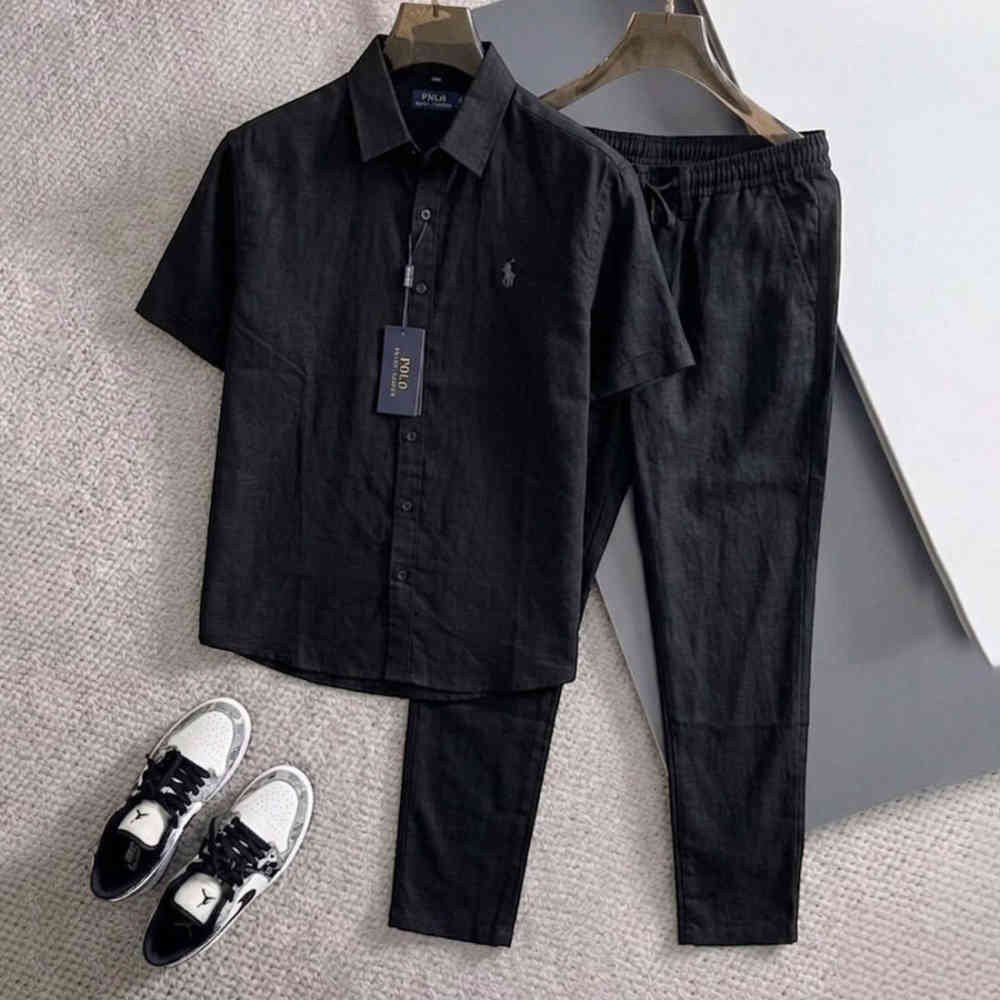 Black Polo Ralph Lauren Linen Blue Short-Sleeve Shirt & Trousers Co-ord Set