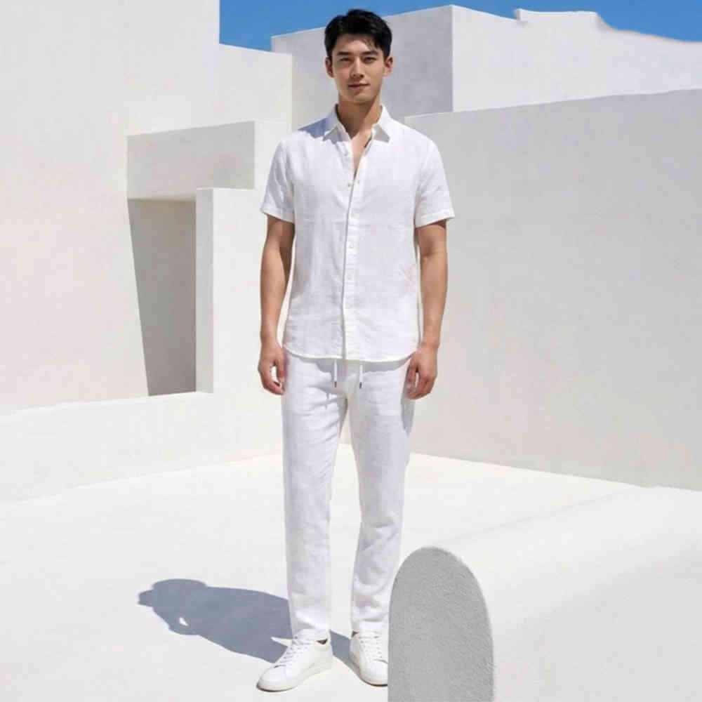 White Polo Ralph Lauren Linen Blue Short-Sleeve Shirt & Trousers Co-ord Set