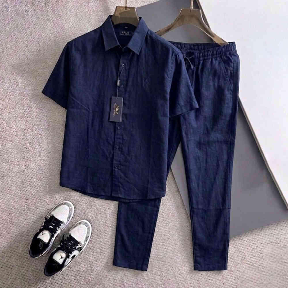 Polo Ralph Lauren Linen Blue Short-Sleeve Shirt & Trousers Co-ord Set-thumb-0