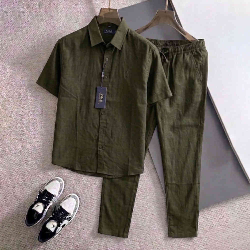 Polo Ralph Lauren Linen Olive Green Short-Sleeve Shirt & Trousers Co-ord Set-thumb-0