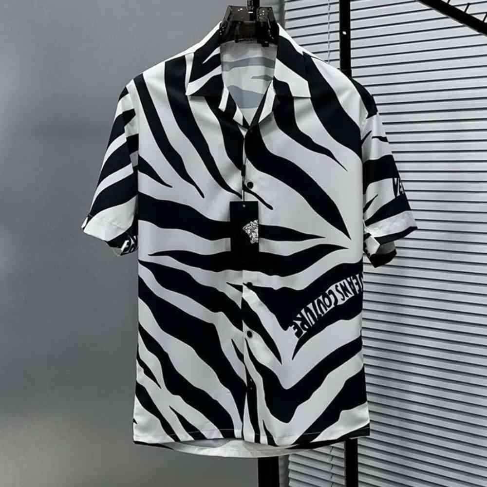 White Versace Jeans Couture Black Zebra-Print Short-Sleeve Shirt