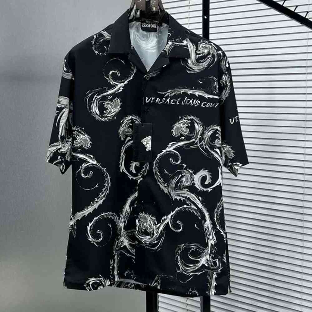 Black Versace Jeans Couture Watercolor Baroque Camp White Cotton Shirt