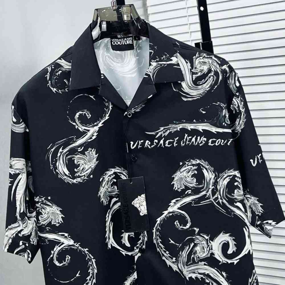 Versace Jeans Couture Watercolor Baroque Camp Black Cotton Shirt-thumb-1