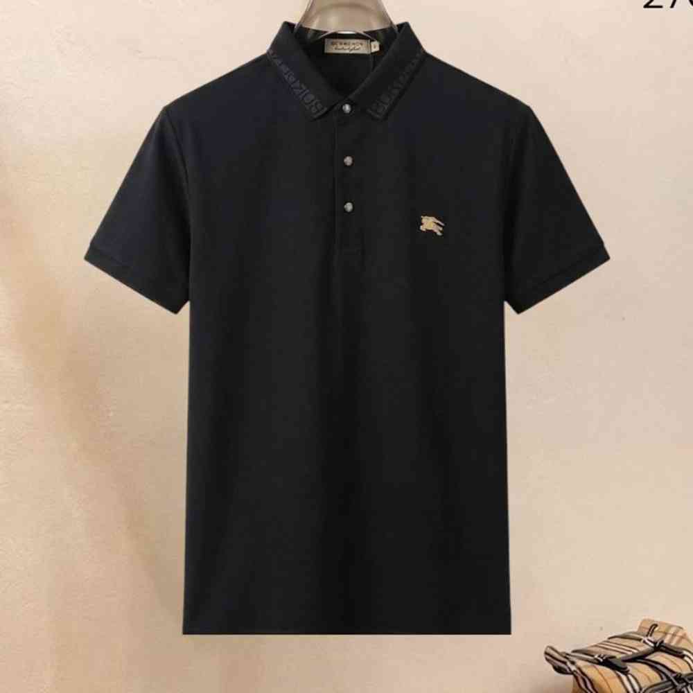 Black Burberry Logo Intarsia Blue Cotton Polo Shirt