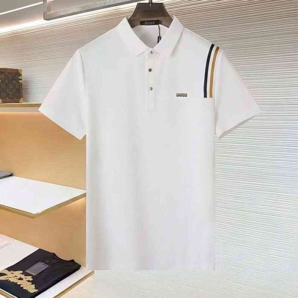 White Boss Menswear Contrast-Stripe Beige Polo Shirt