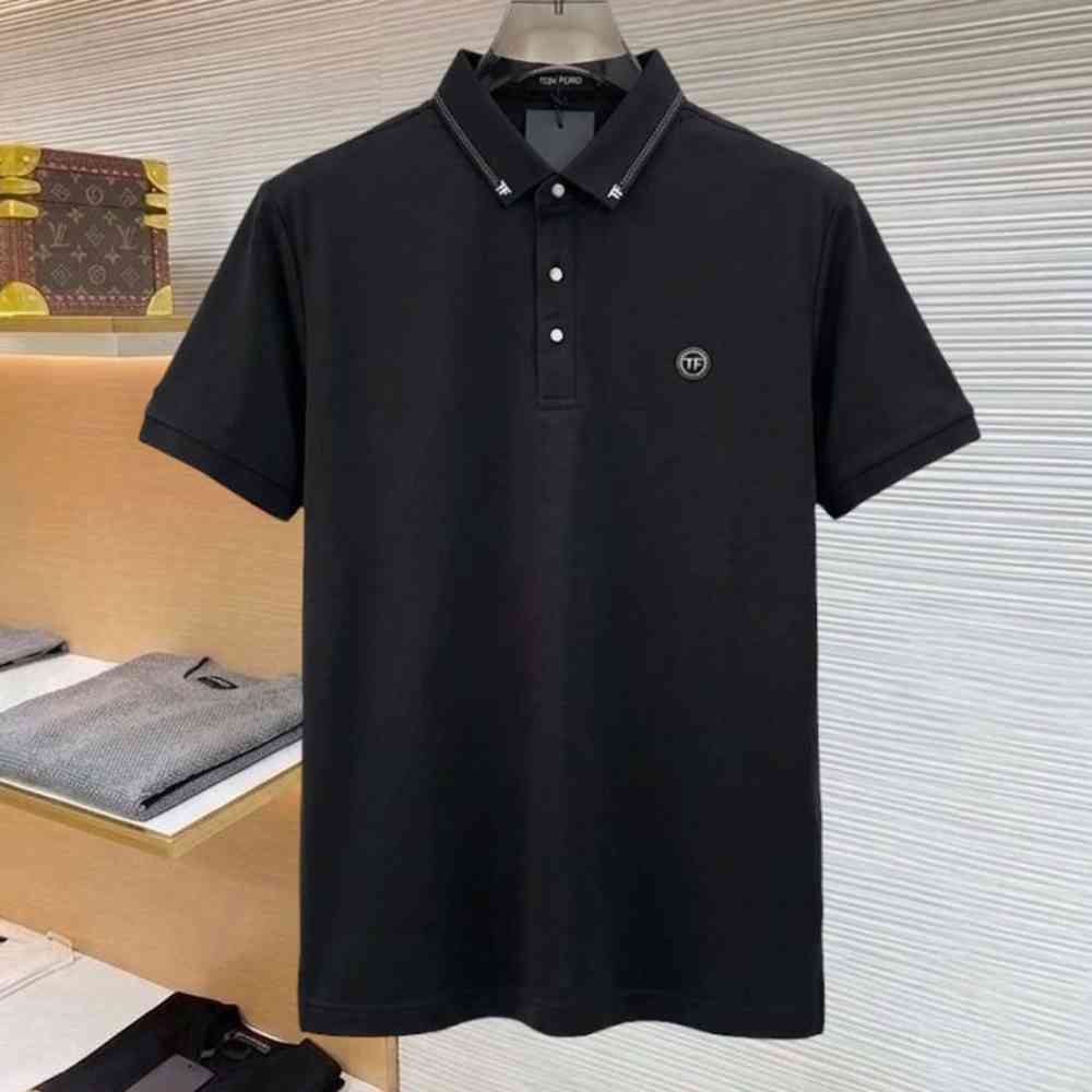 Black Tom Ford Men's Contrast Stitch TF Logo Blue Polo Shirt