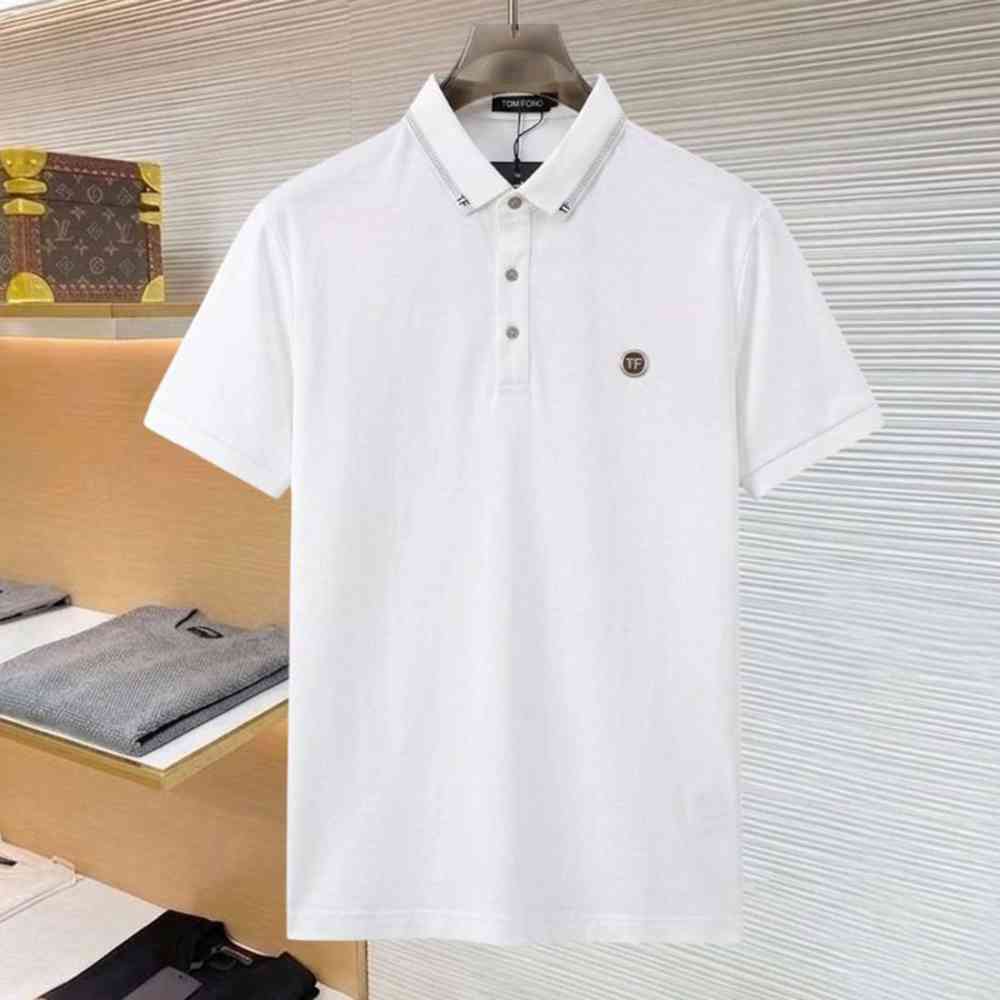 White Tom Ford Men's Contrast Stitch TF Logo Blue Polo Shirt