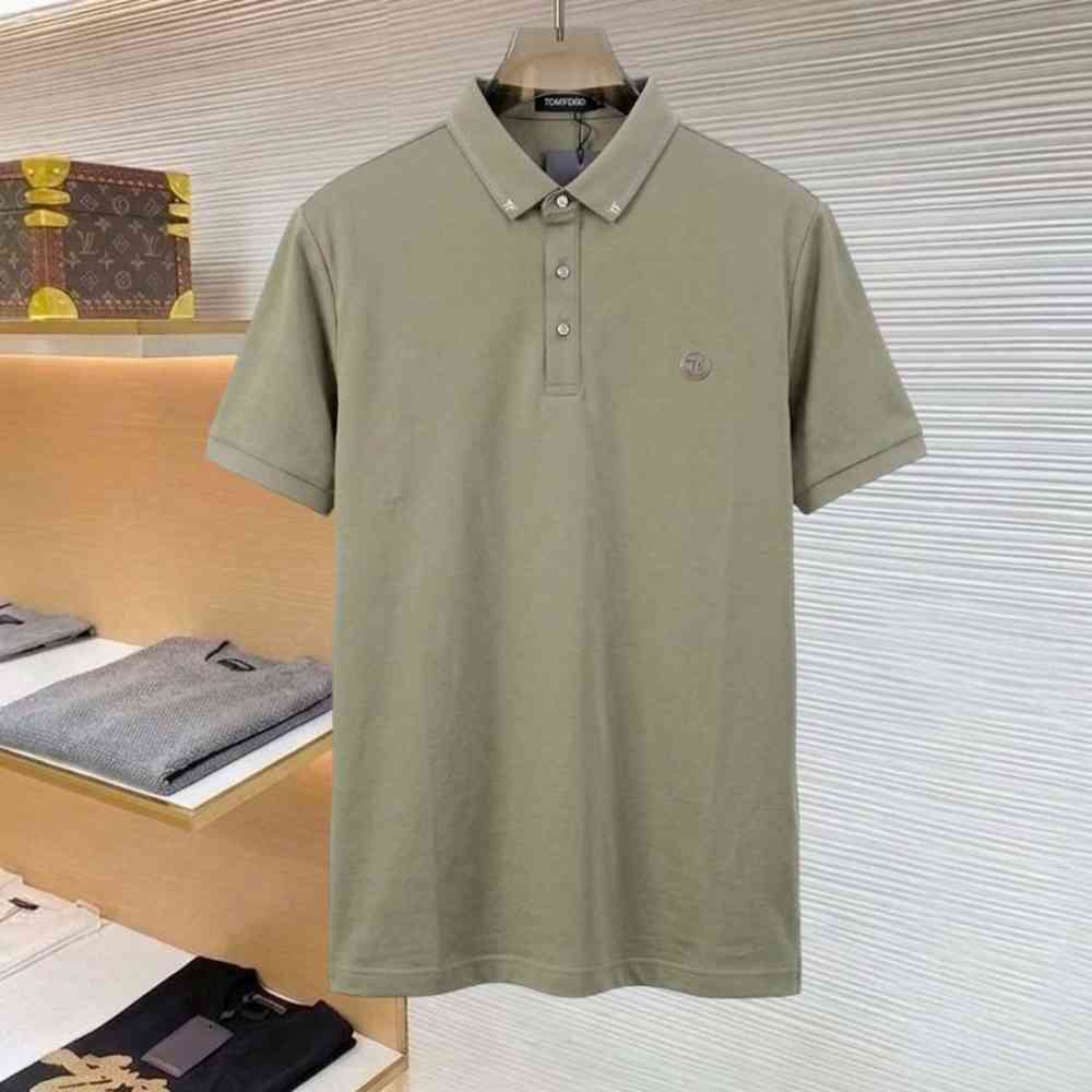 Green Tom Ford Men's Contrast Stitch TF Logo Blue Polo Shirt