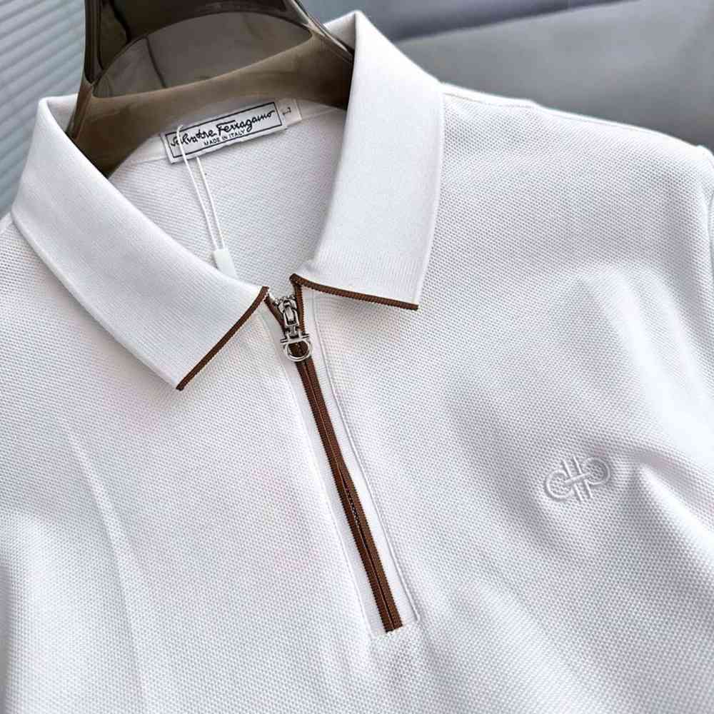 Ferragamo Half-Zip Collar White Cotton Piqué Polo T-shirt-thumb-1