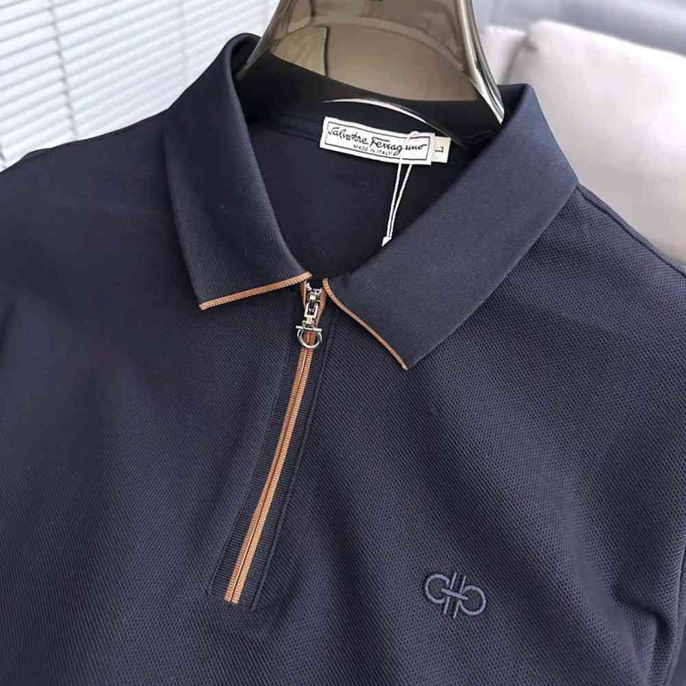 Ferragamo Half-Zip Collar Blue Cotton Piqué Polo T-shirt-1