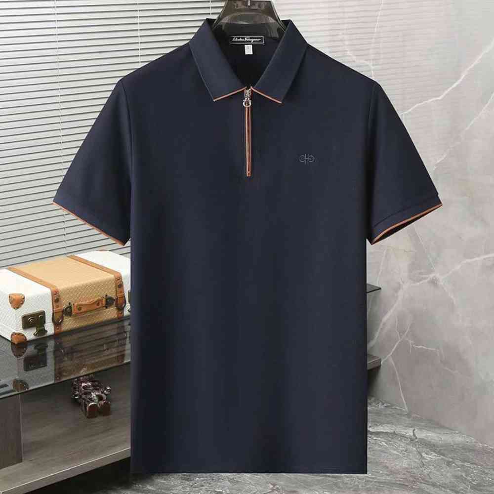 Blue Ferragamo Half-Zip Collar Cream Cotton Piqué Polo T-shirt