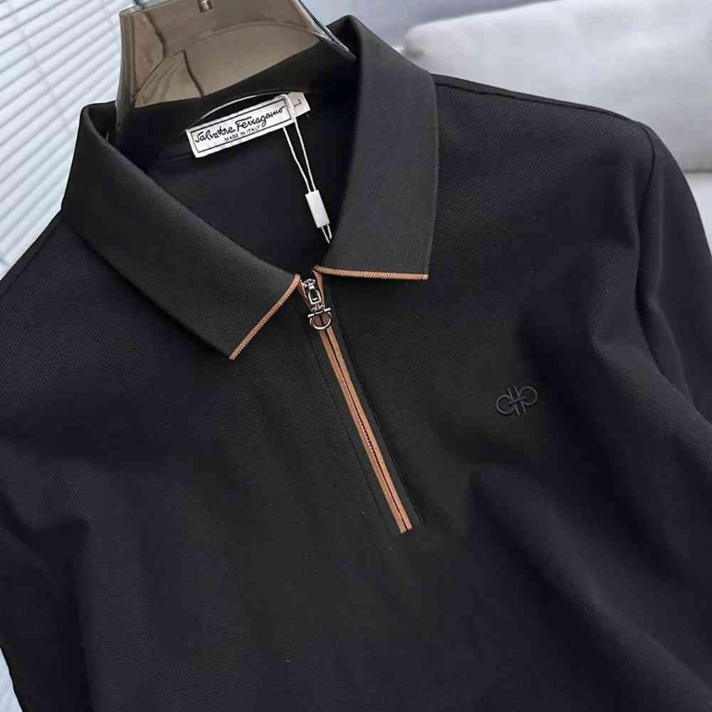 Ferragamo Half-Zip Collar Black Cotton Piqué Polo T-shirt-thumb-1