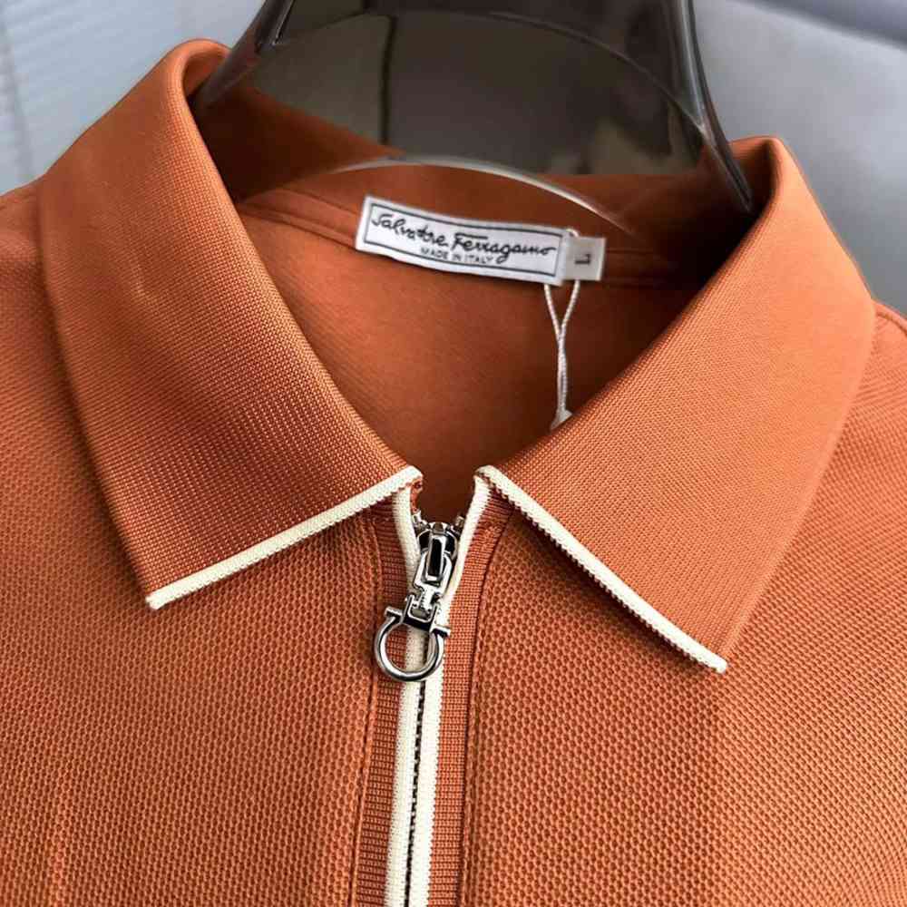 Ferragamo Half-Zip Collar Orange Cotton Piqué Polo T-shirt-2