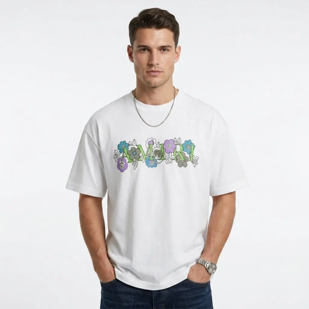 White Amiri Black Floral Logo-Print Cotton T-Shirt