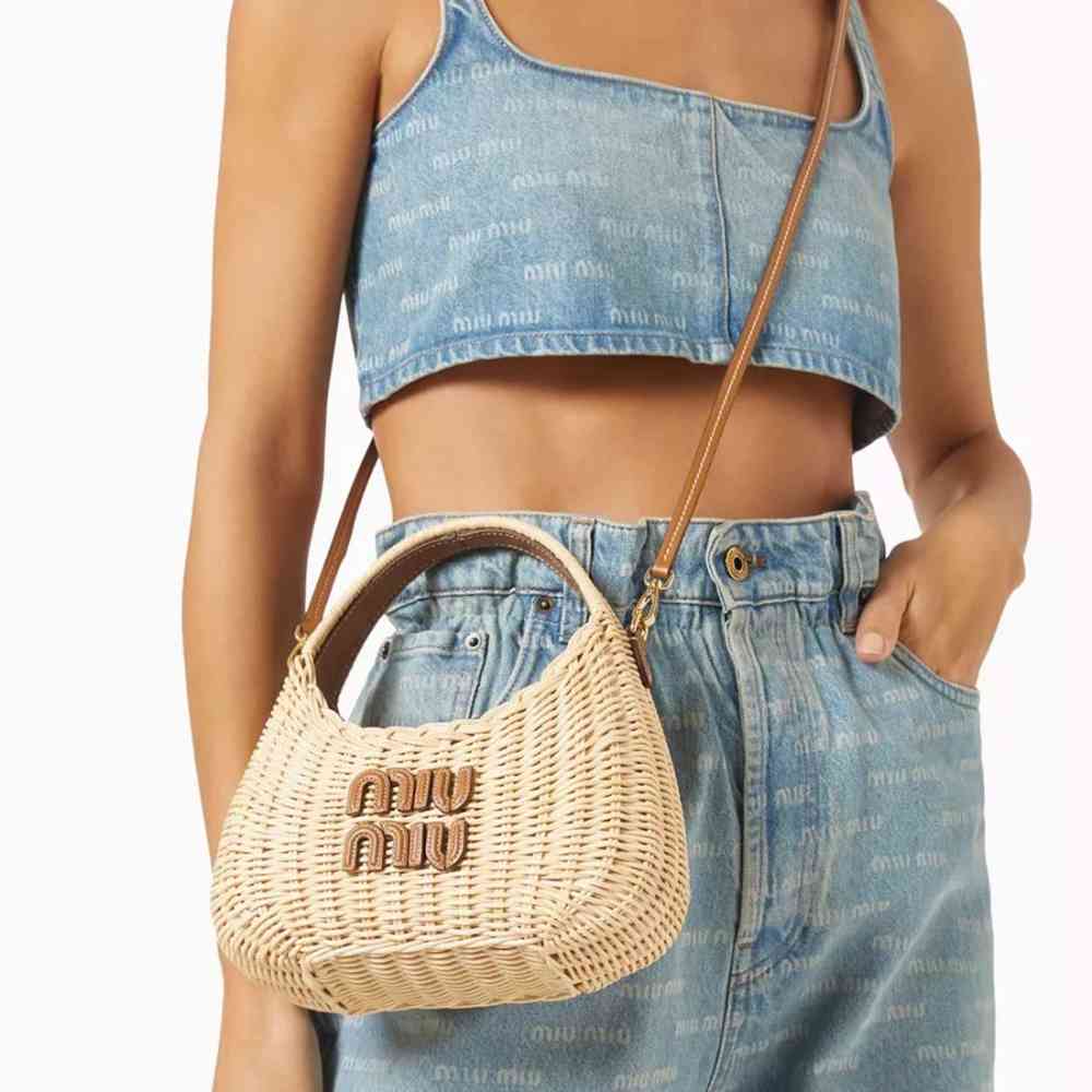 Miu Miu Wander Wicker Brown Handbag-5