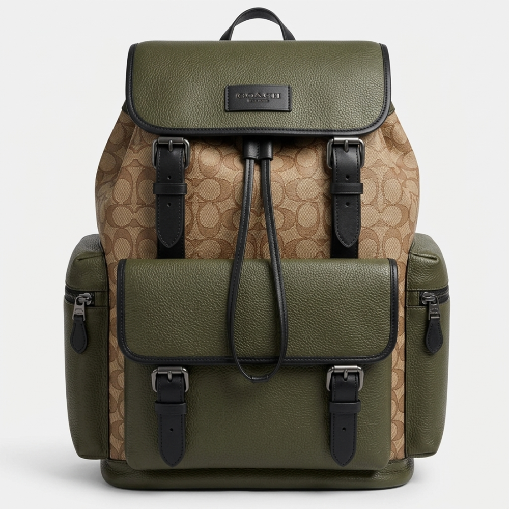 Coach Beige & Green Backpack In Signature Canvas-thumb-0