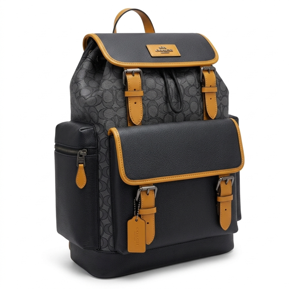 Black & Yellow Coach Black & Orange Backpack In Signature Canvas