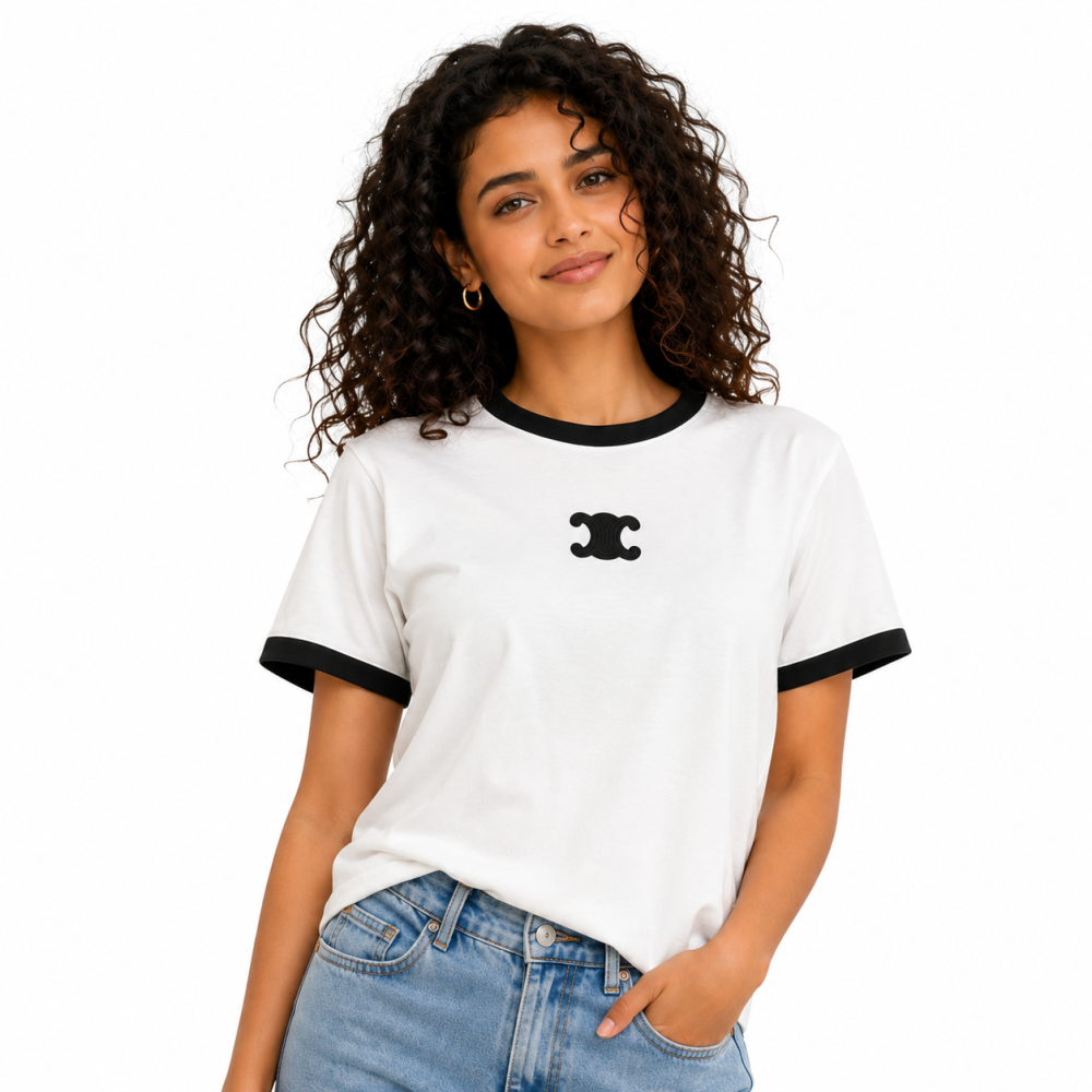 White Celine Triomphe Logo Black T-shirt