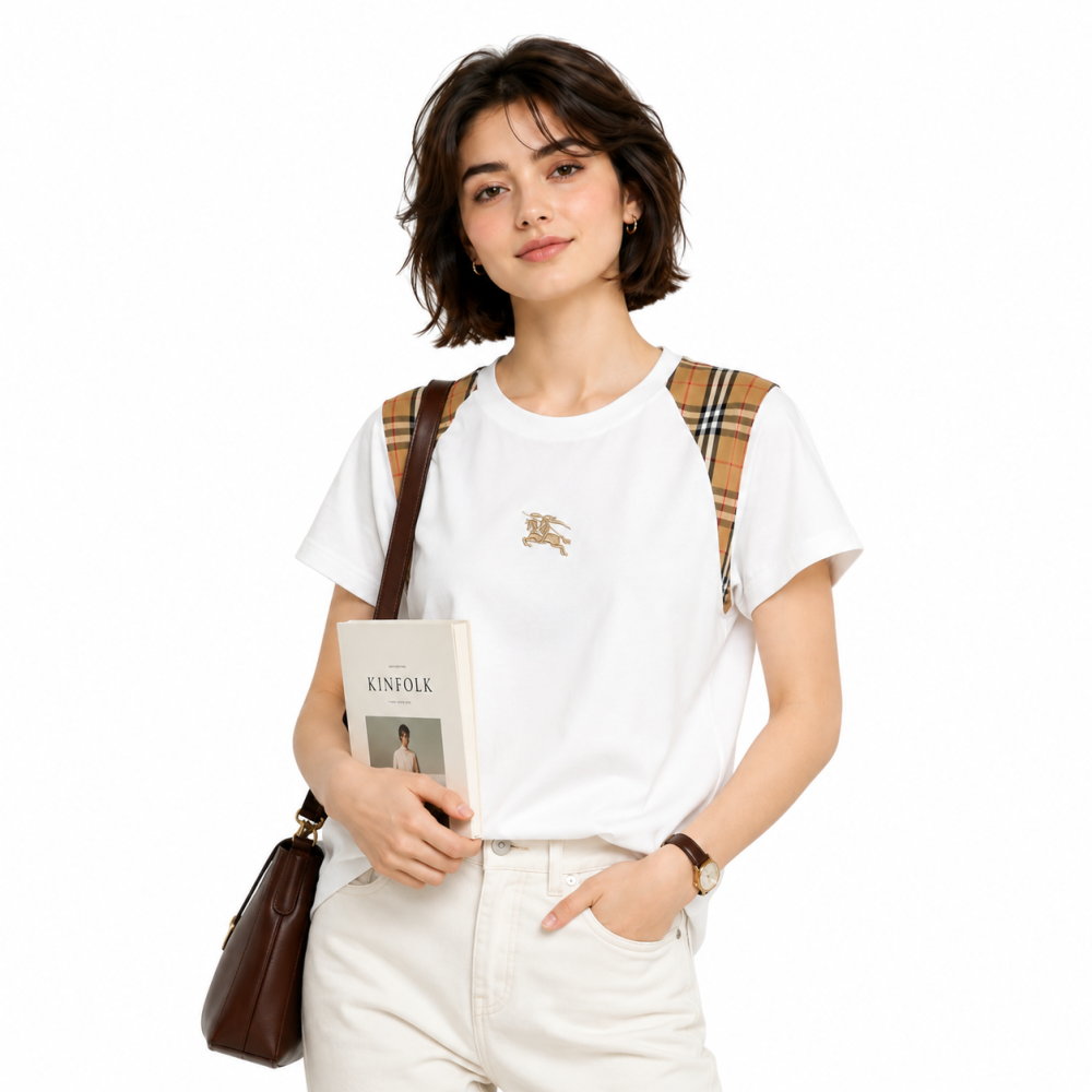 White Burberry Check Trim Black Cotton T-shirt