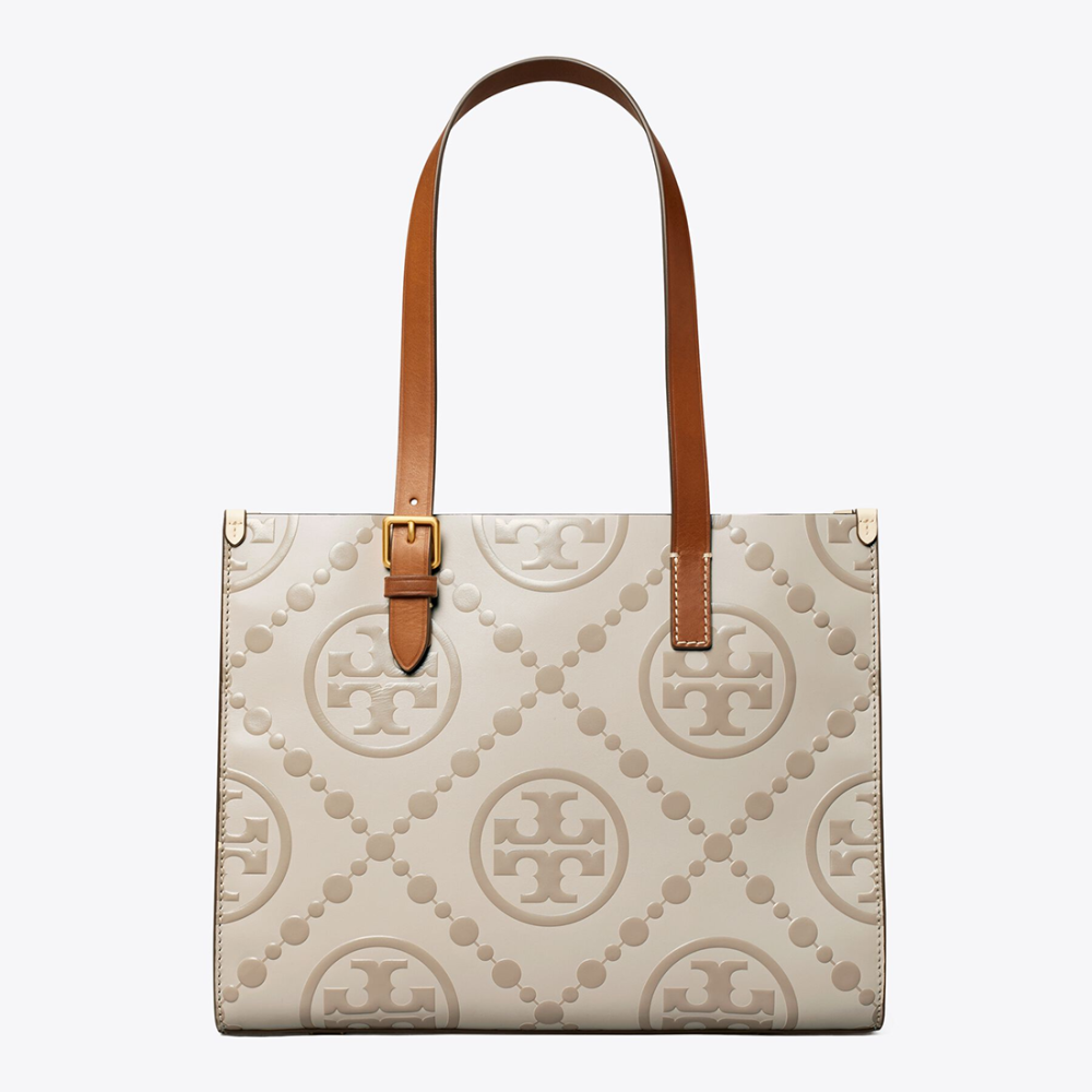Cream Tory Burch Monogram Wine Contrast Embossed Tote Bag