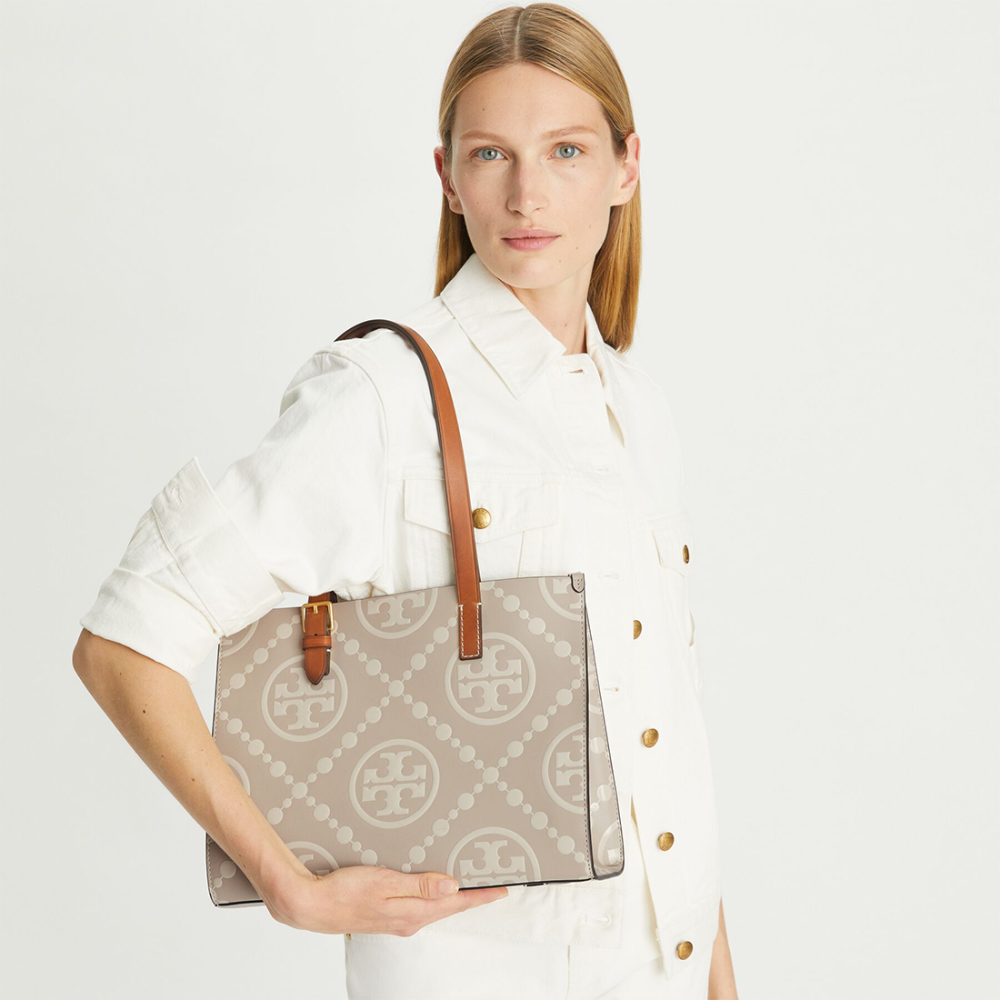 Tory Burch Monogram Cream Contrast Embossed Tote Bag-3