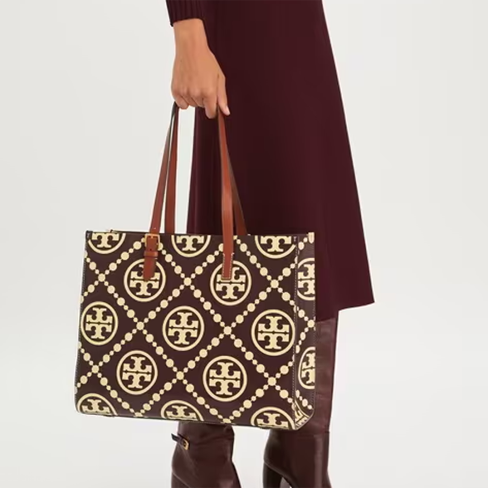 Tory Burch Monogram Wine Contrast Embossed Tote Bag-3