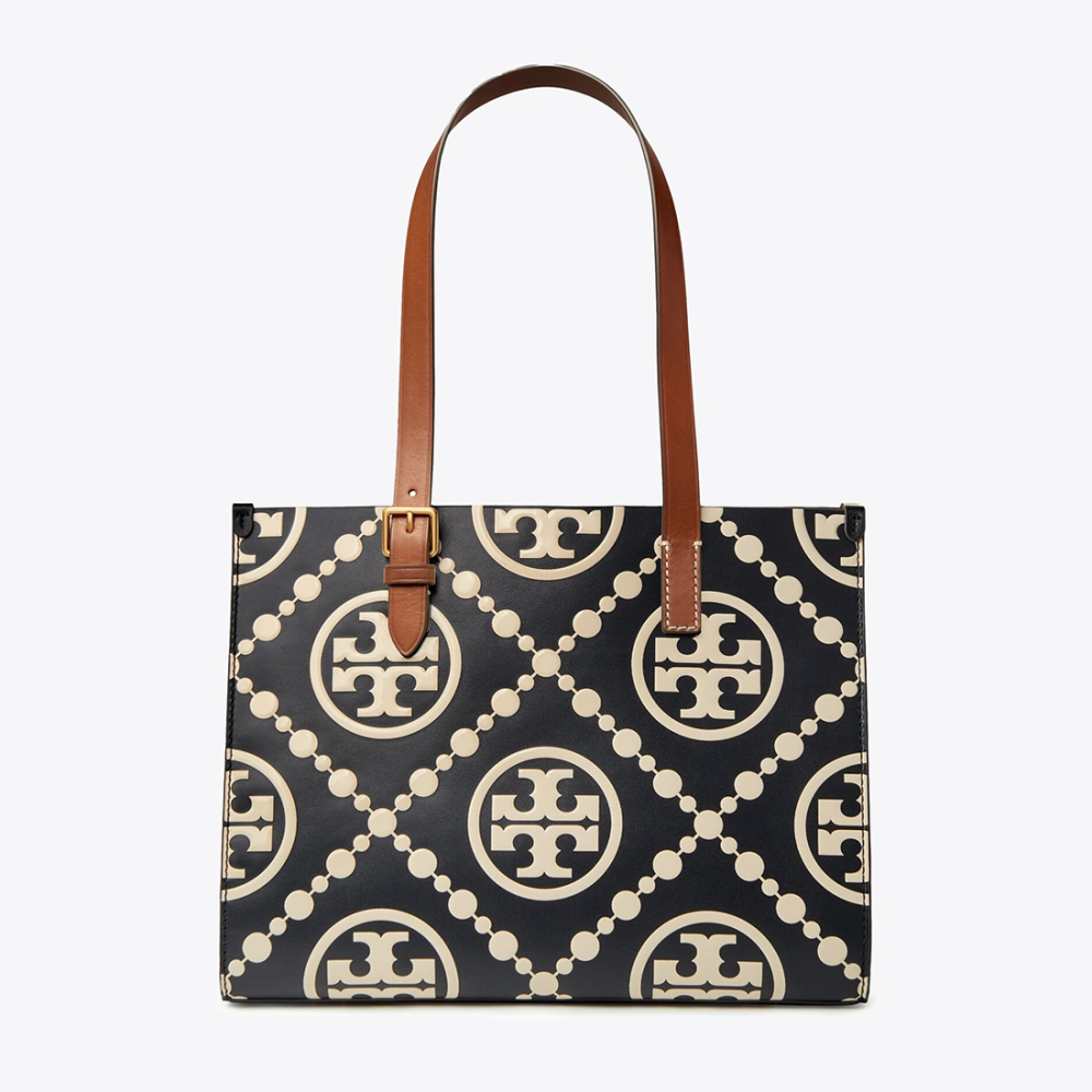 Black Tory Burch Monogram Wine Contrast Embossed Tote Bag