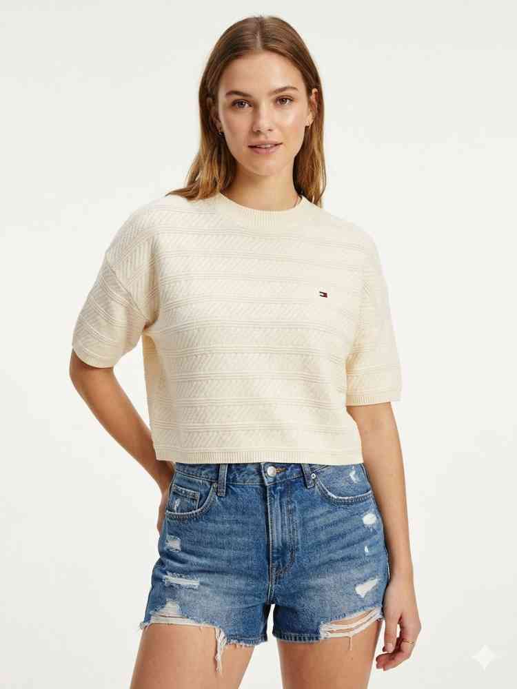 Cream Tommy Hilfiger Cream/black Premium Quality Women T-shirt
