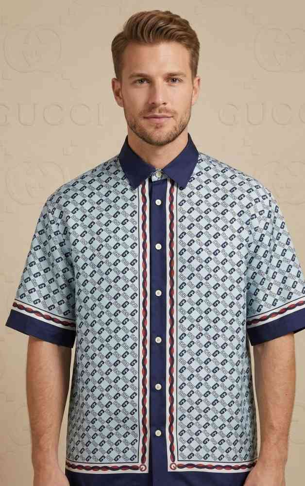 Blue Gucci Brown Premium Quality Short Sleeve Shirt