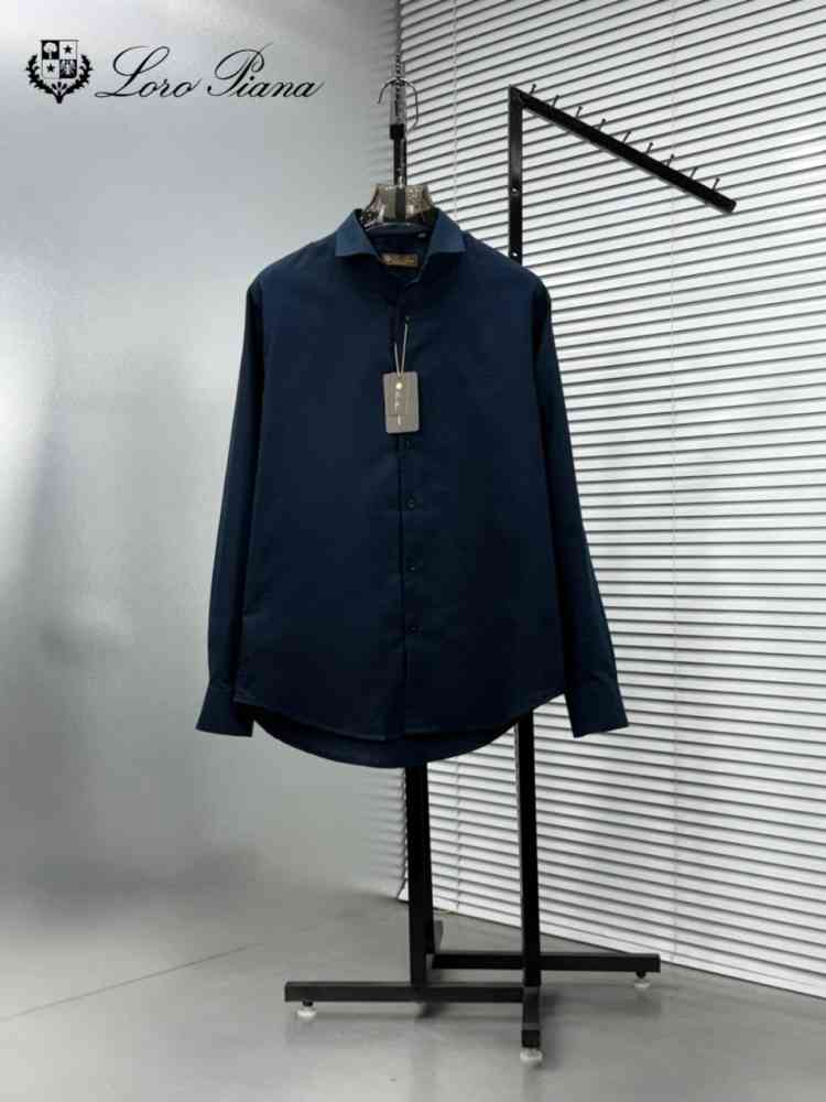 Navy Blue Loro Piana Embroidered White Premium Cotton Shirt