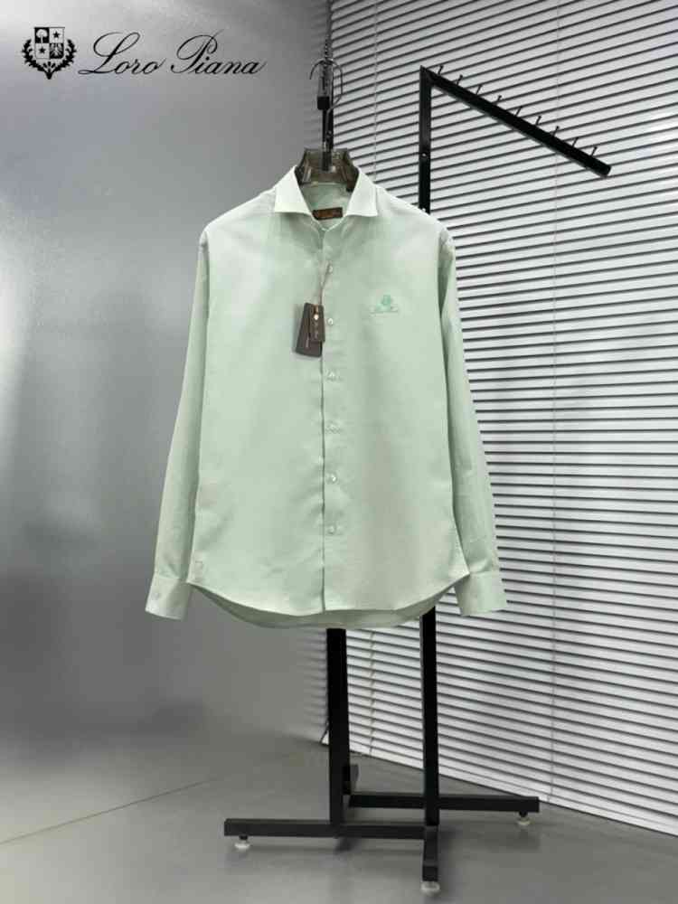 Light Green Loro Piana Embroidered White Premium Cotton Shirt