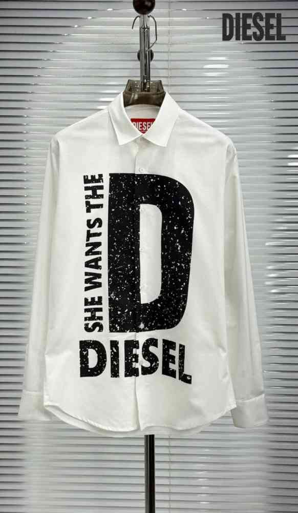 White Diesel Embroidered Black Premium Cotton Shirt