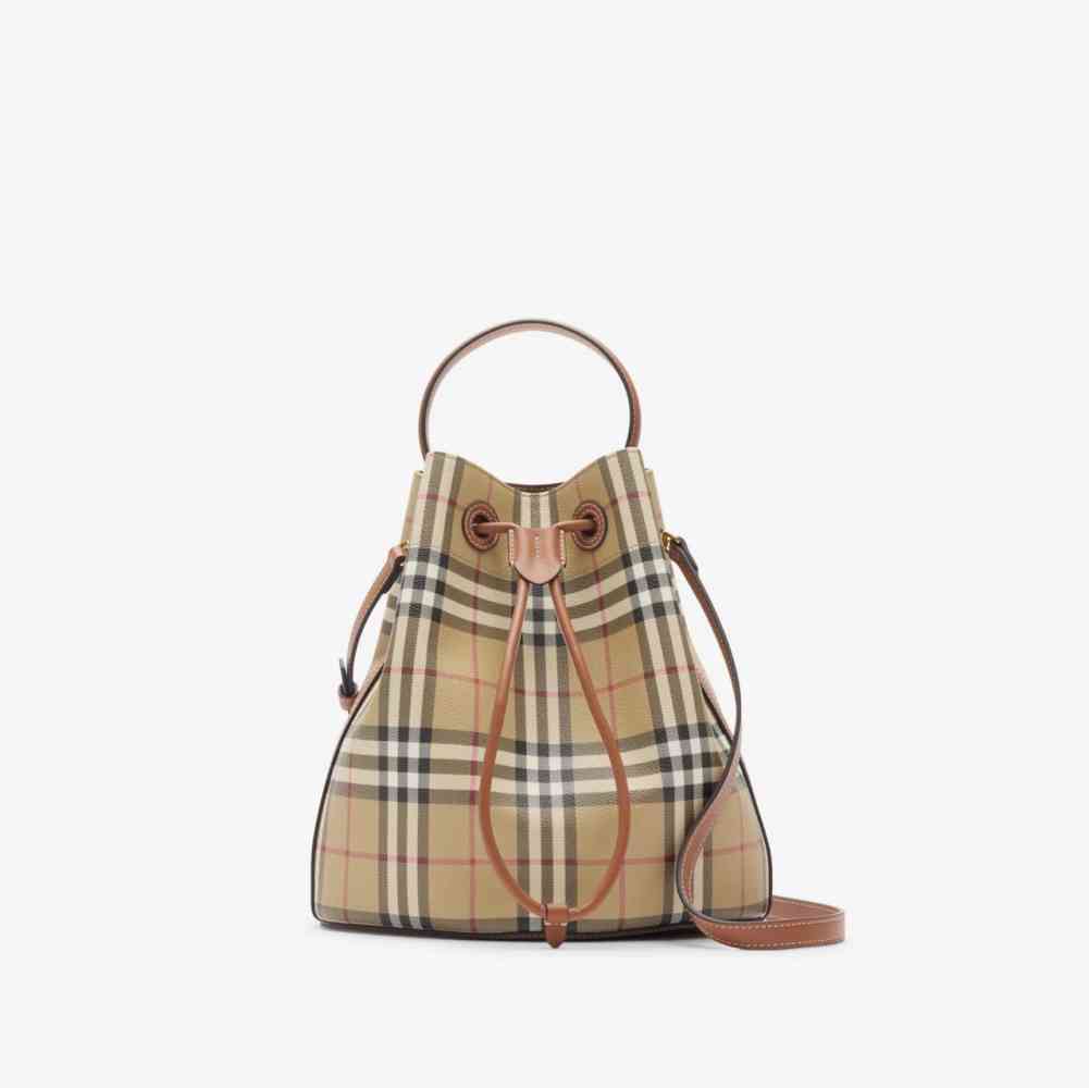 Burberry Dark Birch Brown Checked Bucket Bag-thumb-0