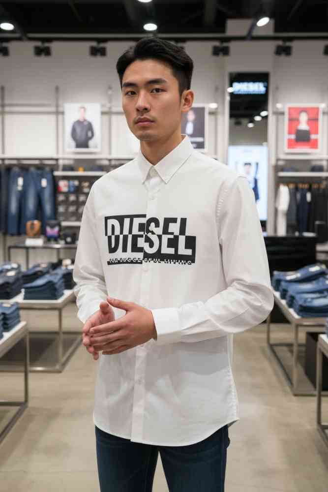 White Diesel Embroidered Blue Premium Cotton Shirt