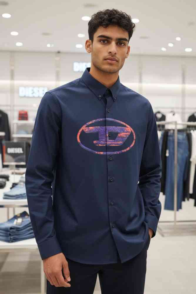 Diesel Embroidered Blue Premium Cotton Shirt-thumb-0