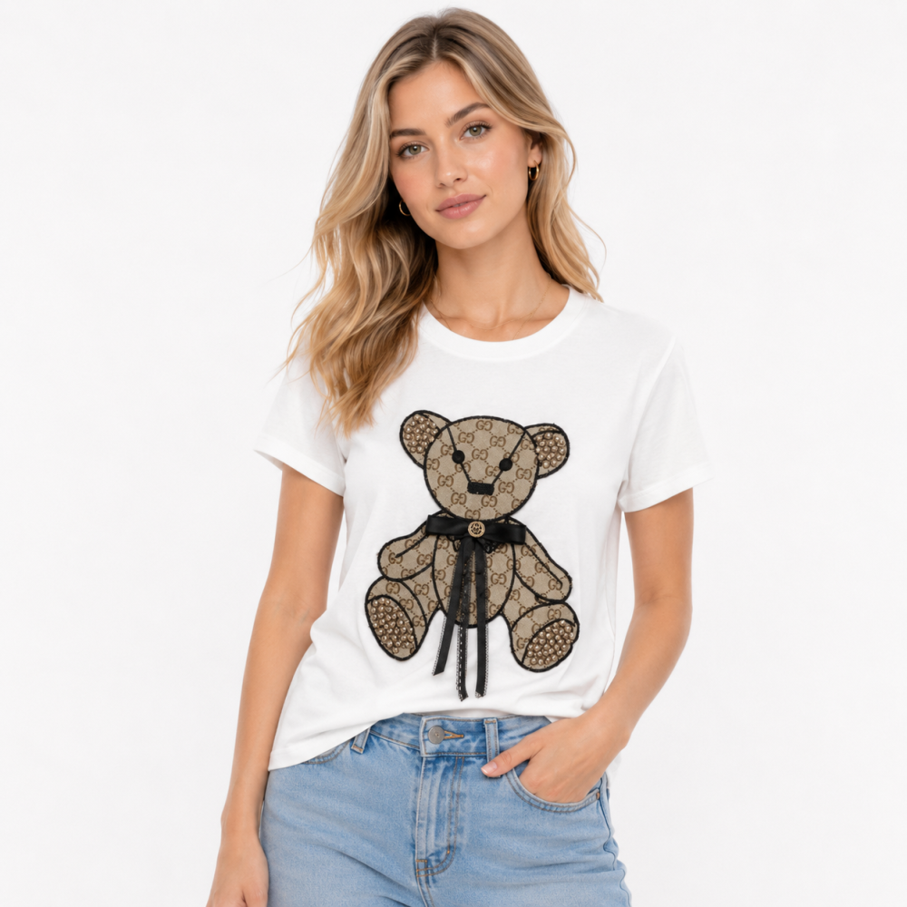 White Gucci Teddy Bear Black Cotton T-Shirt