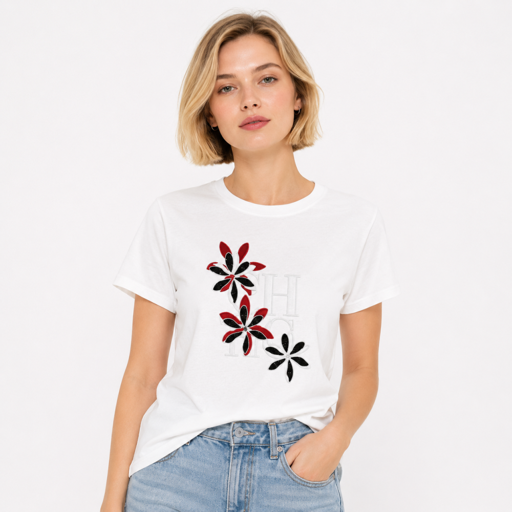 White Carolina Herrera Floral Logo Black Cotton T-Shirt