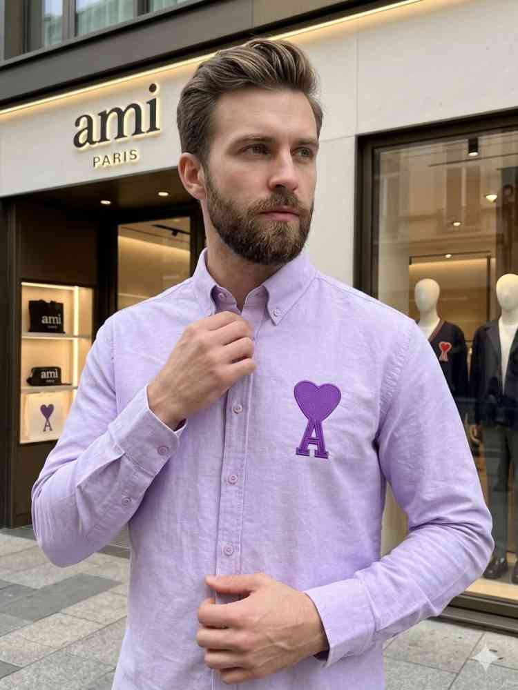 Ami Paris Heart Logo Purple Striped Shirt-thumb-0