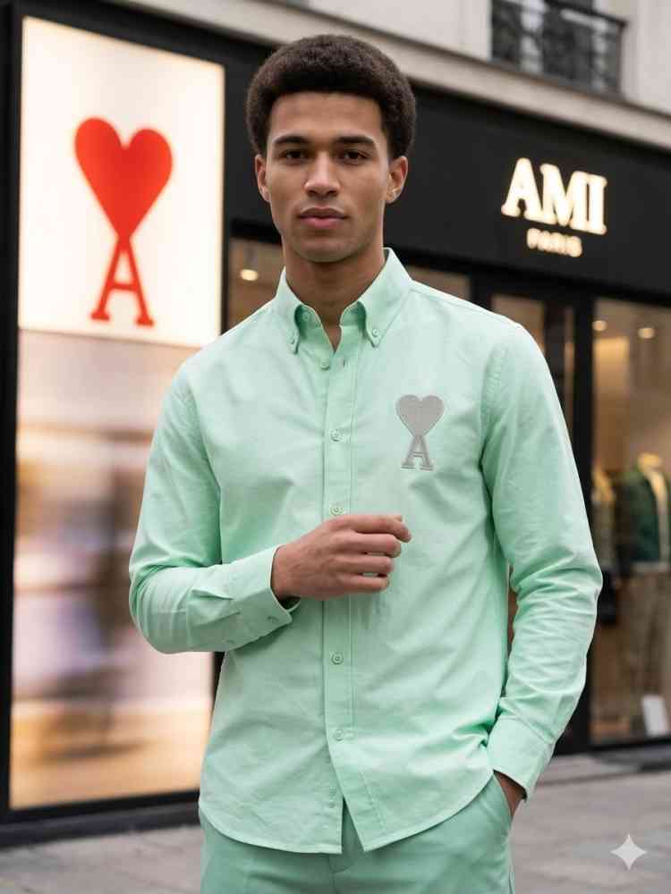 Green Ami Paris Heart Logo Sky Blue Striped Shirt
