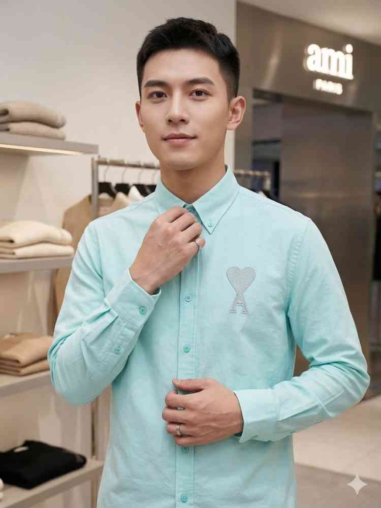Ami Paris Heart Logo Sky Blue Striped Shirt-thumb-0