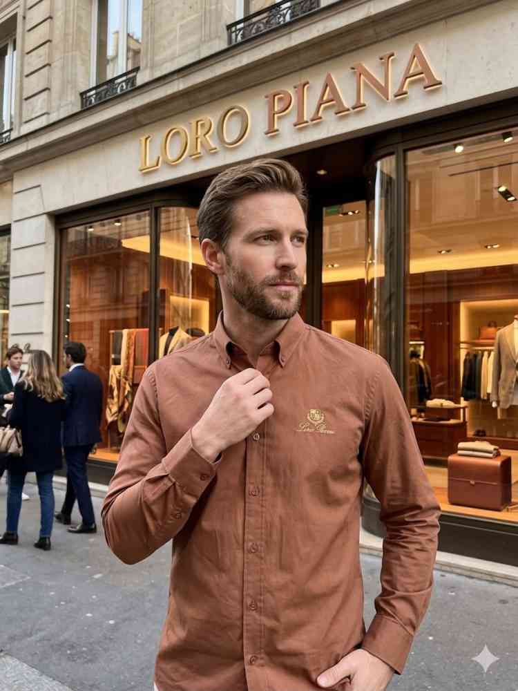 Brown Loro Piana Embroidered White Premium Cotton Shirt