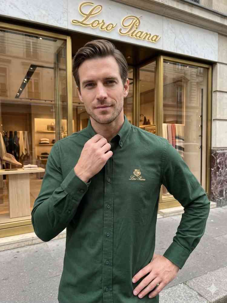 Green Loro Piana Embroidered White Premium Cotton Shirt